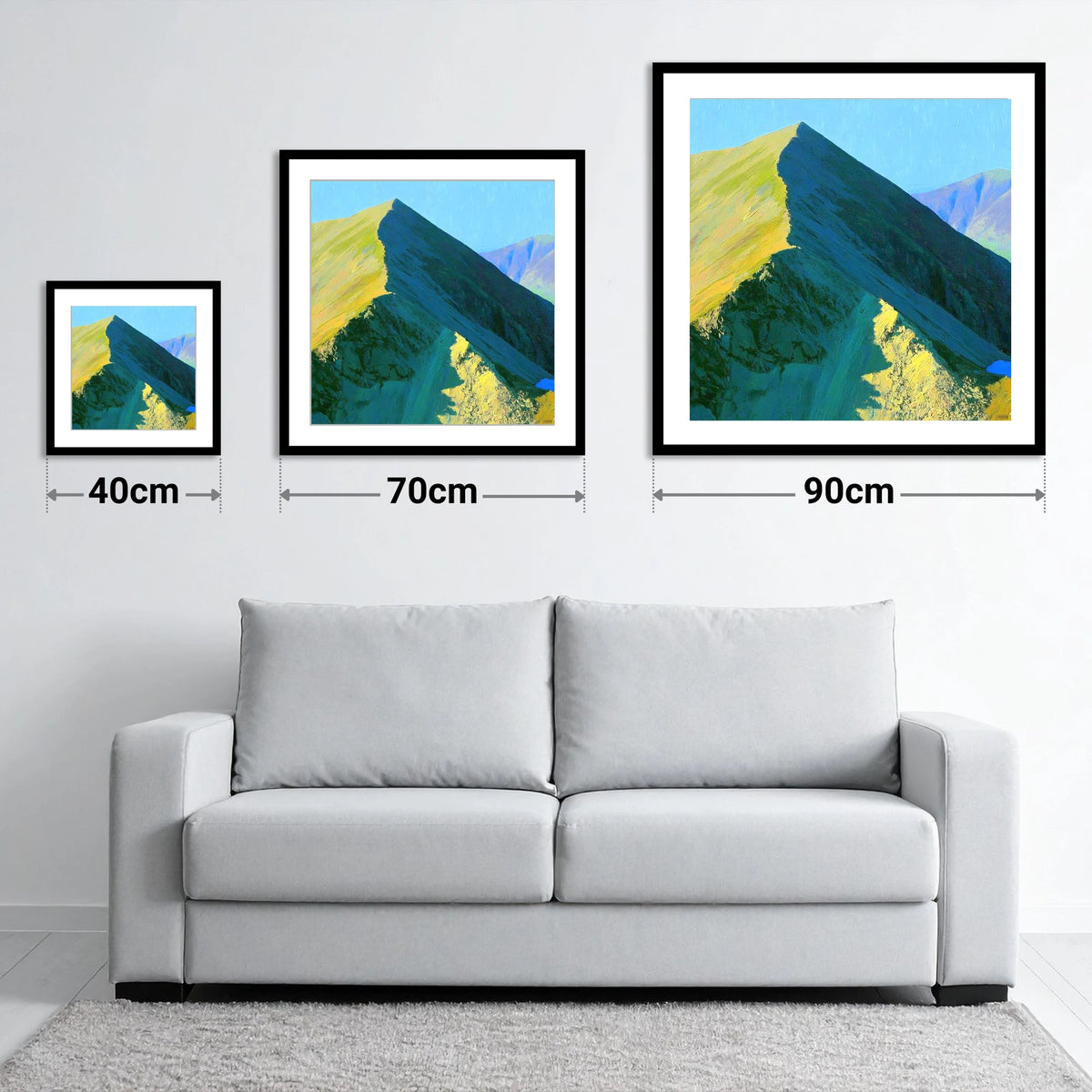 Sunlit Ridge of Catstye Cam - size guide showing 40cm, 70cm and 90cm art prints