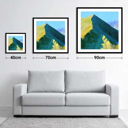 Sunlit Ridge of Catstye Cam - size guide showing 40cm, 70cm and 90cm art prints