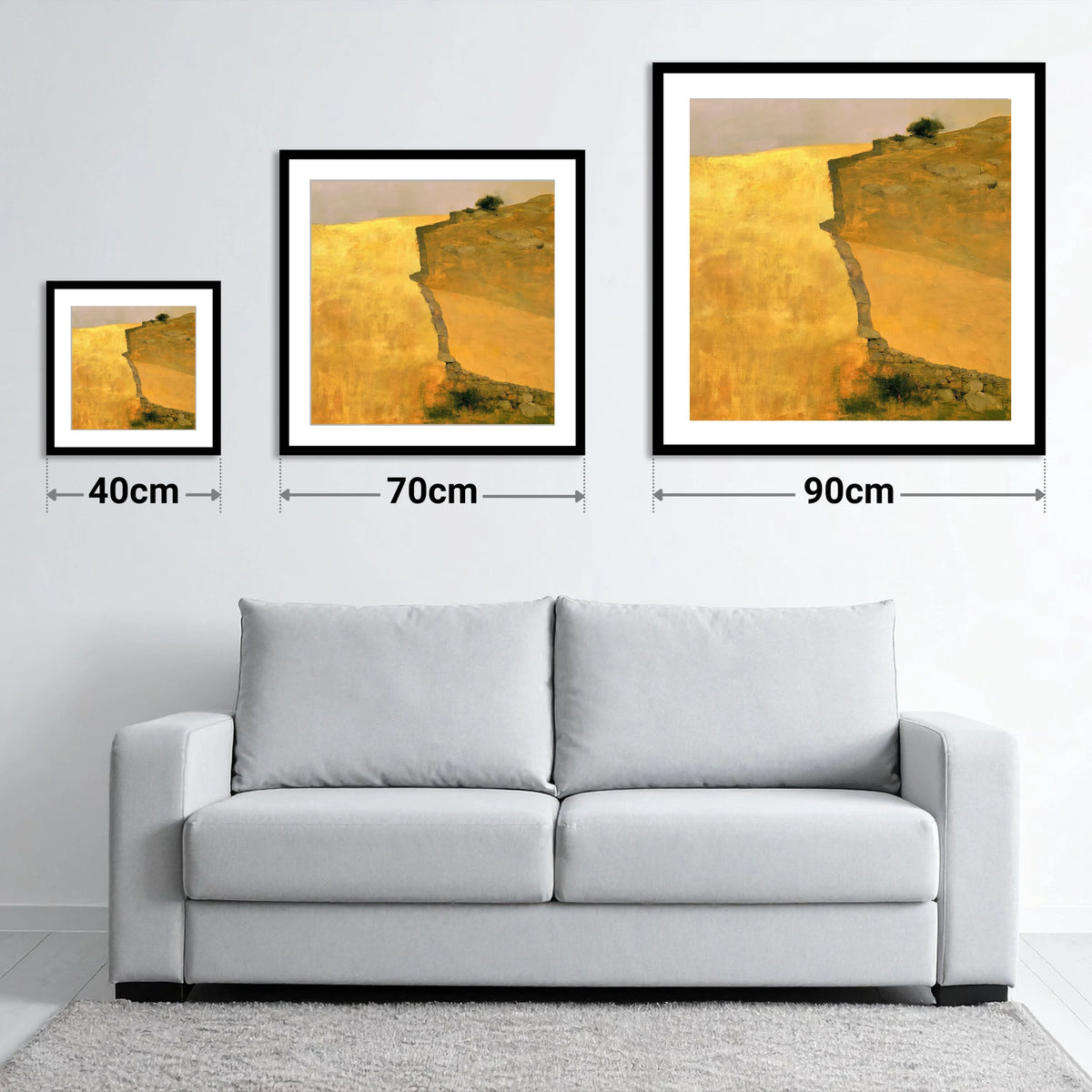 Golden Valley Drystone Wall - size guide showing 40cm, 70cm and 90cm art prints