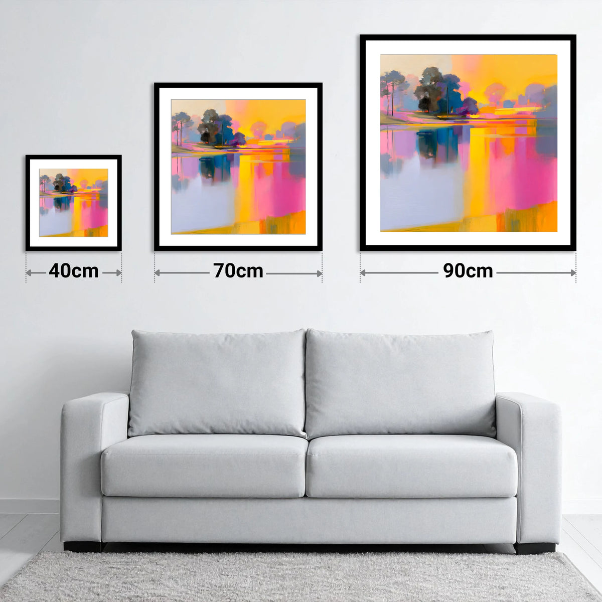 Vibrant Dawn Over A Still Lake - size guide showing 40cm, 70cm and 90cm art prints