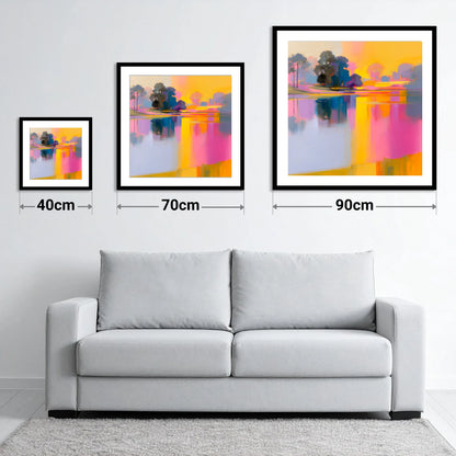 Vibrant Dawn Over A Still Lake - size guide showing 40cm, 70cm and 90cm art prints