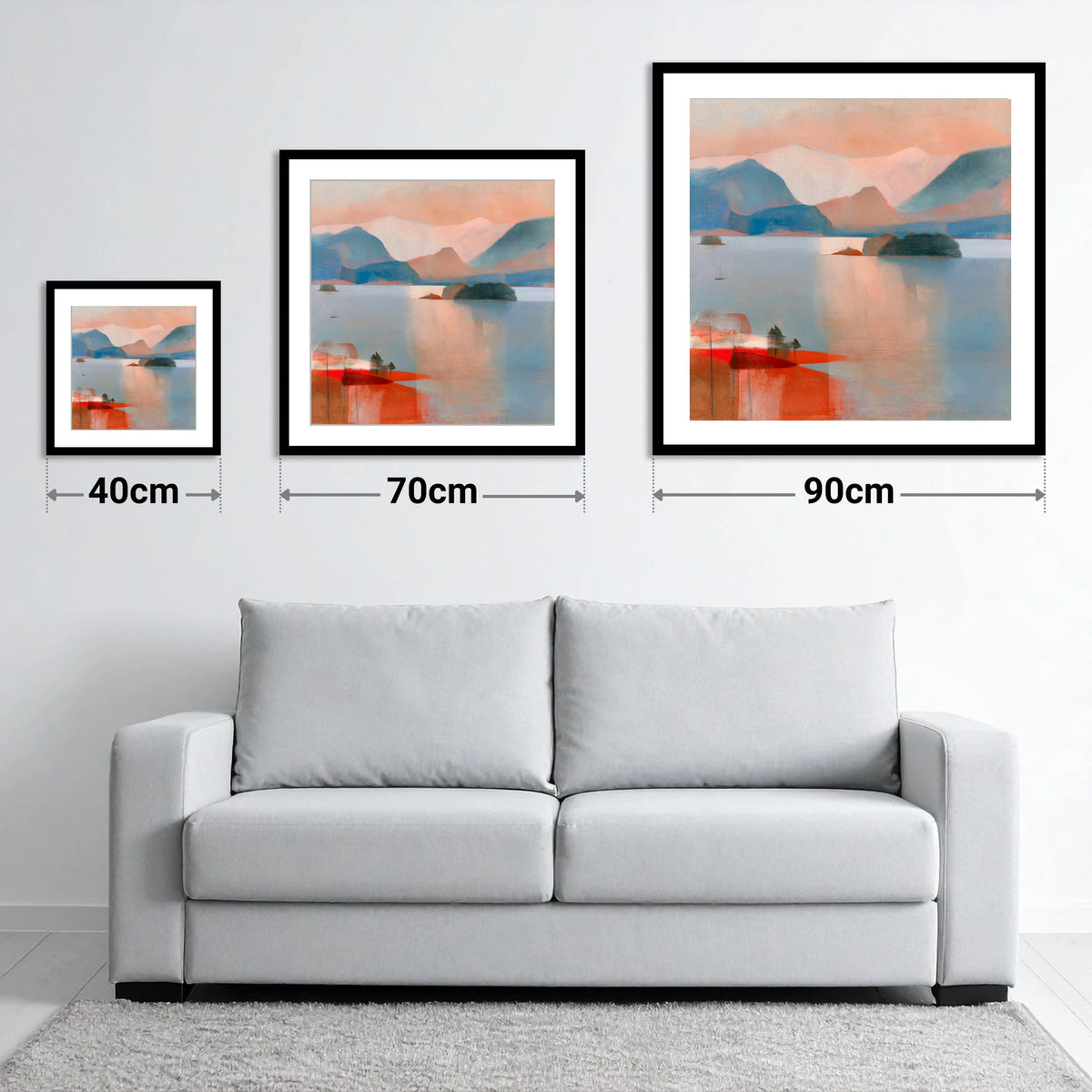 Derwentwater and Catbells Coral Dusk - size guide showing 40cm, 70cm and 90cm art prints