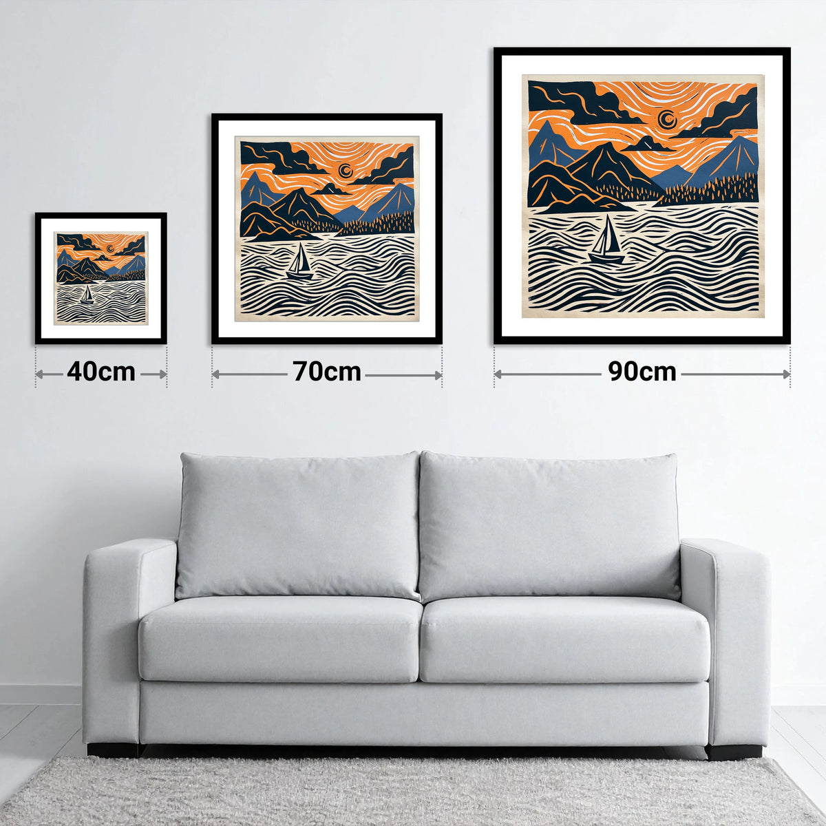 Derwentwater Sailboat Beneath Swirling Skies - size guide showing 40cm, 70cm and 90cm art prints