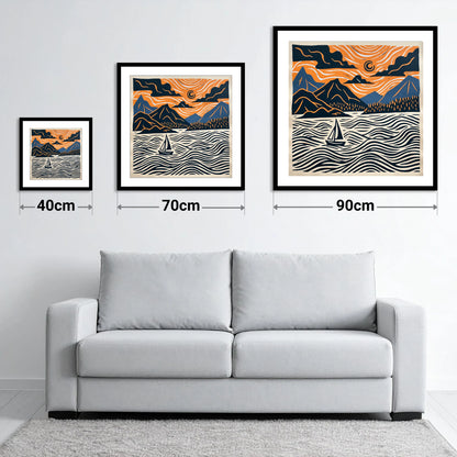 Derwentwater Sailboat Beneath Swirling Skies - size guide showing 40cm, 70cm and 90cm art prints