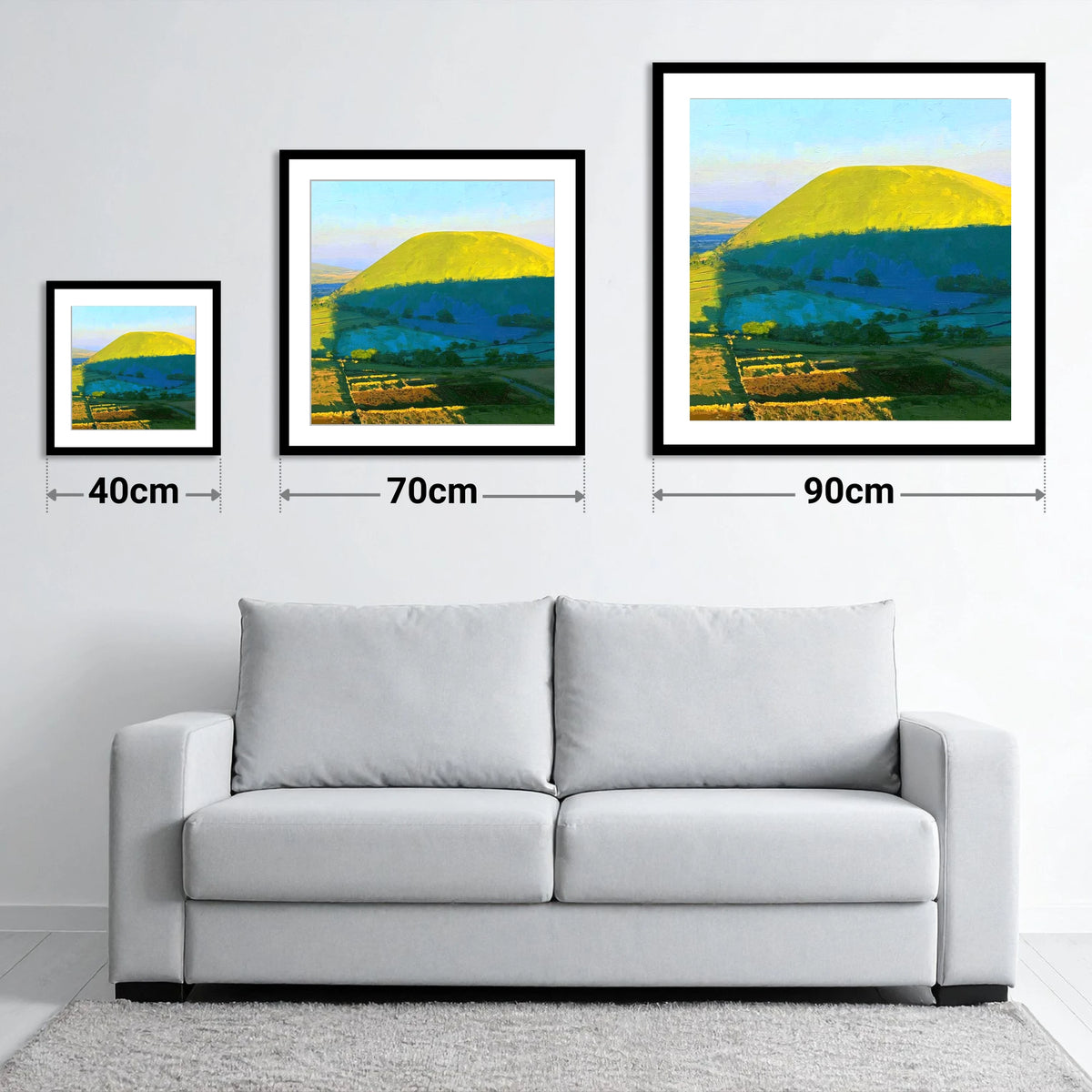 Great Mell Fell Sunlit Dome - size guide showing 40cm, 70cm and 90cm art prints