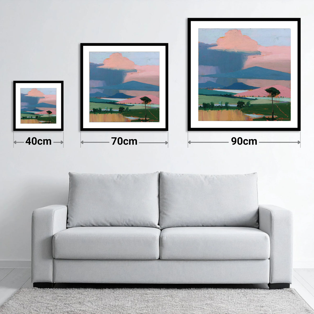 Teal Storm Over Lakeland Fells - size guide showing 40cm, 70cm and 90cm art prints