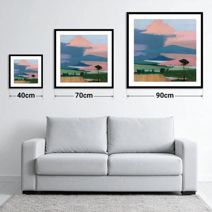 Teal Storm Over Lakeland Fells - size guide showing 40cm, 70cm and 90cm art prints