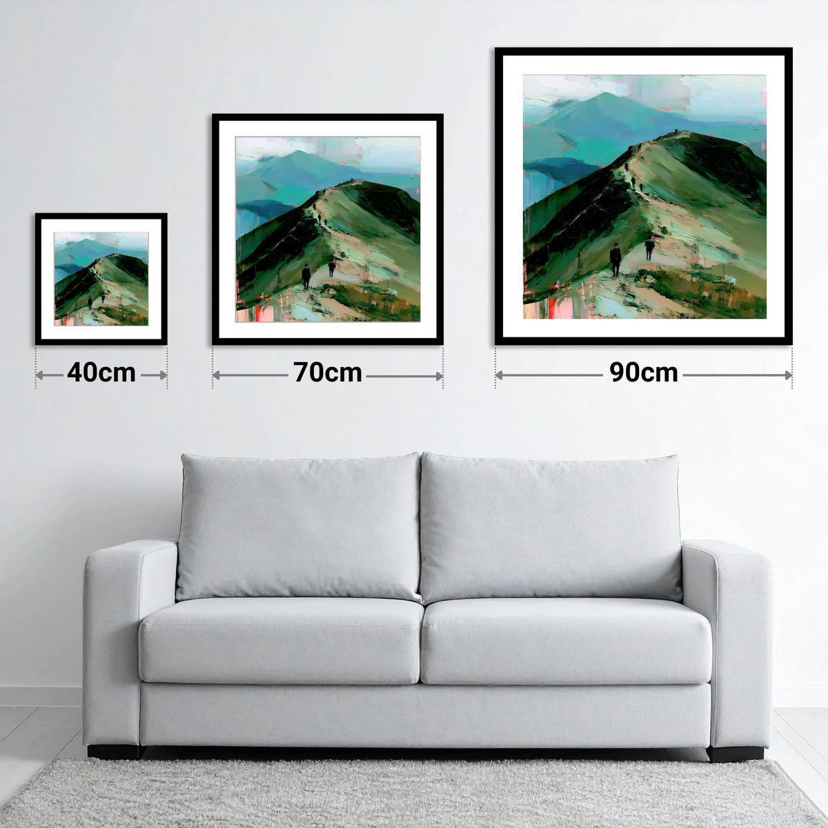 Silhouetted Hikers on Fell Ridge - size guide showing 40cm, 70cm and 90cm art prints