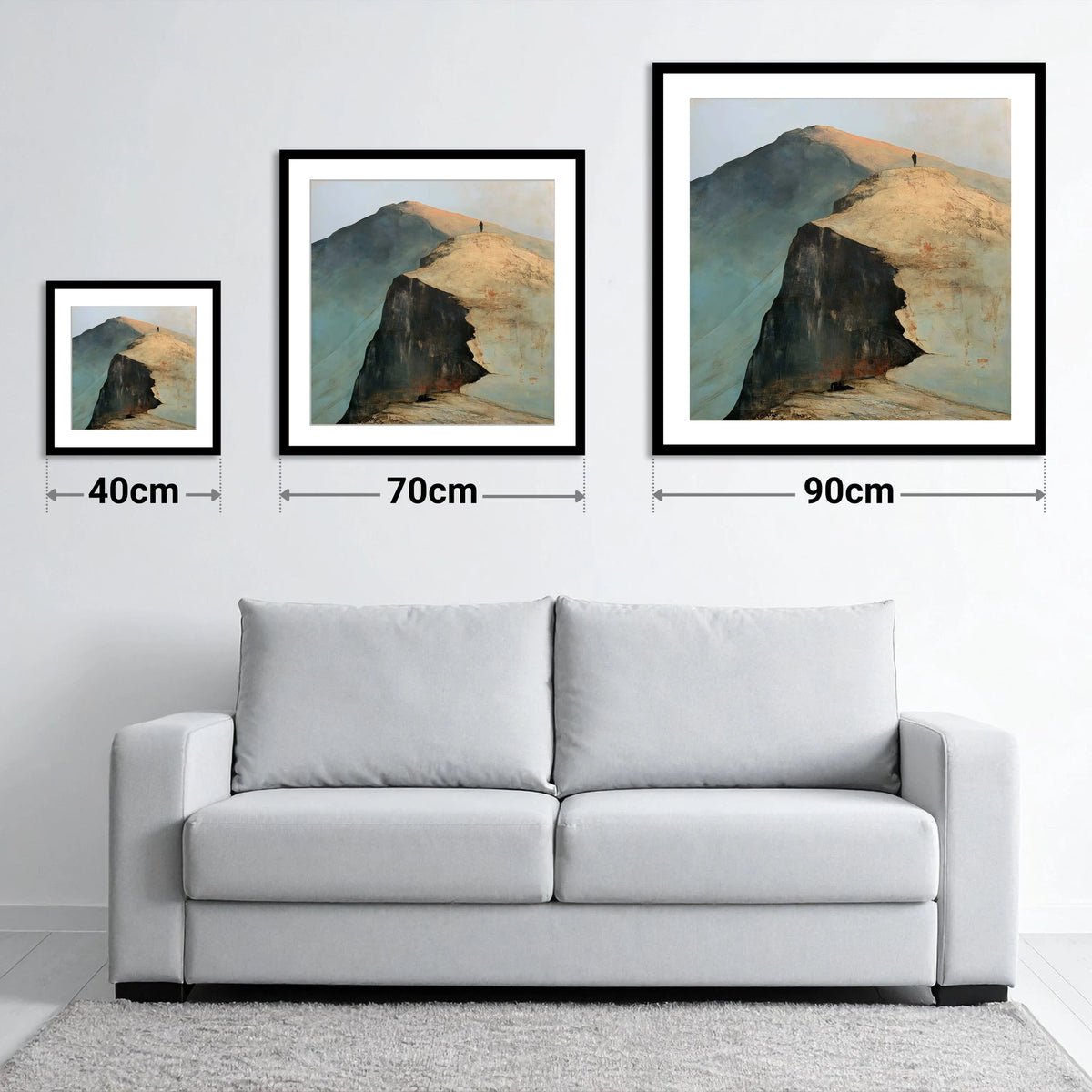Walker on Striding Edge Helvellyn - size guide showing 40cm, 70cm and 90cm art prints