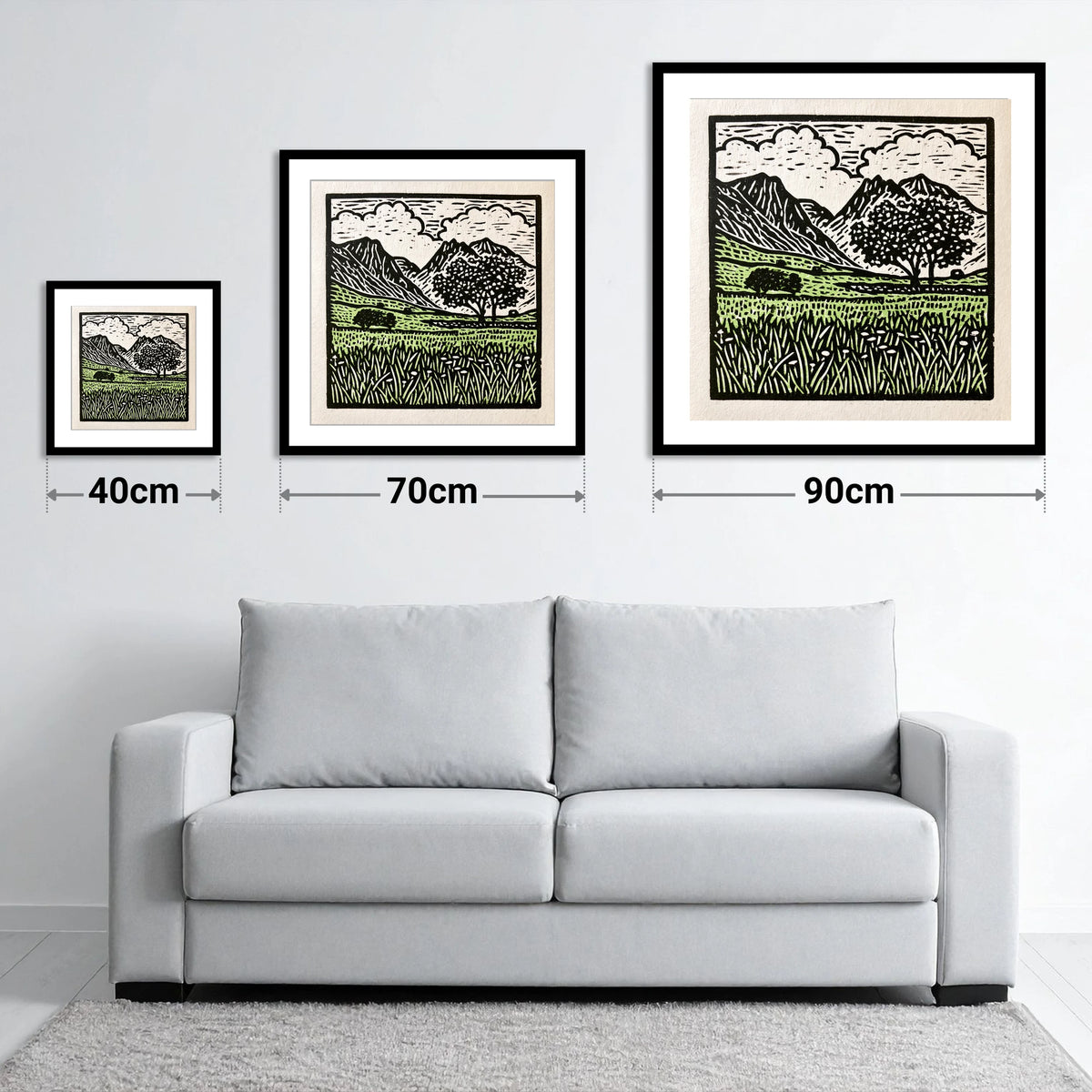 Langdale Pikes Spring Meadow - size guide showing 40cm, 70cm and 90cm art prints
