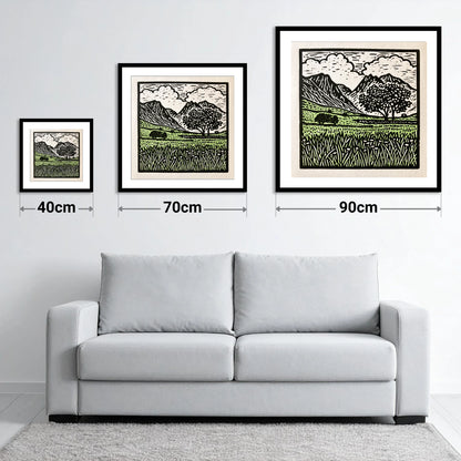 Langdale Pikes Spring Meadow - size guide showing 40cm, 70cm and 90cm art prints