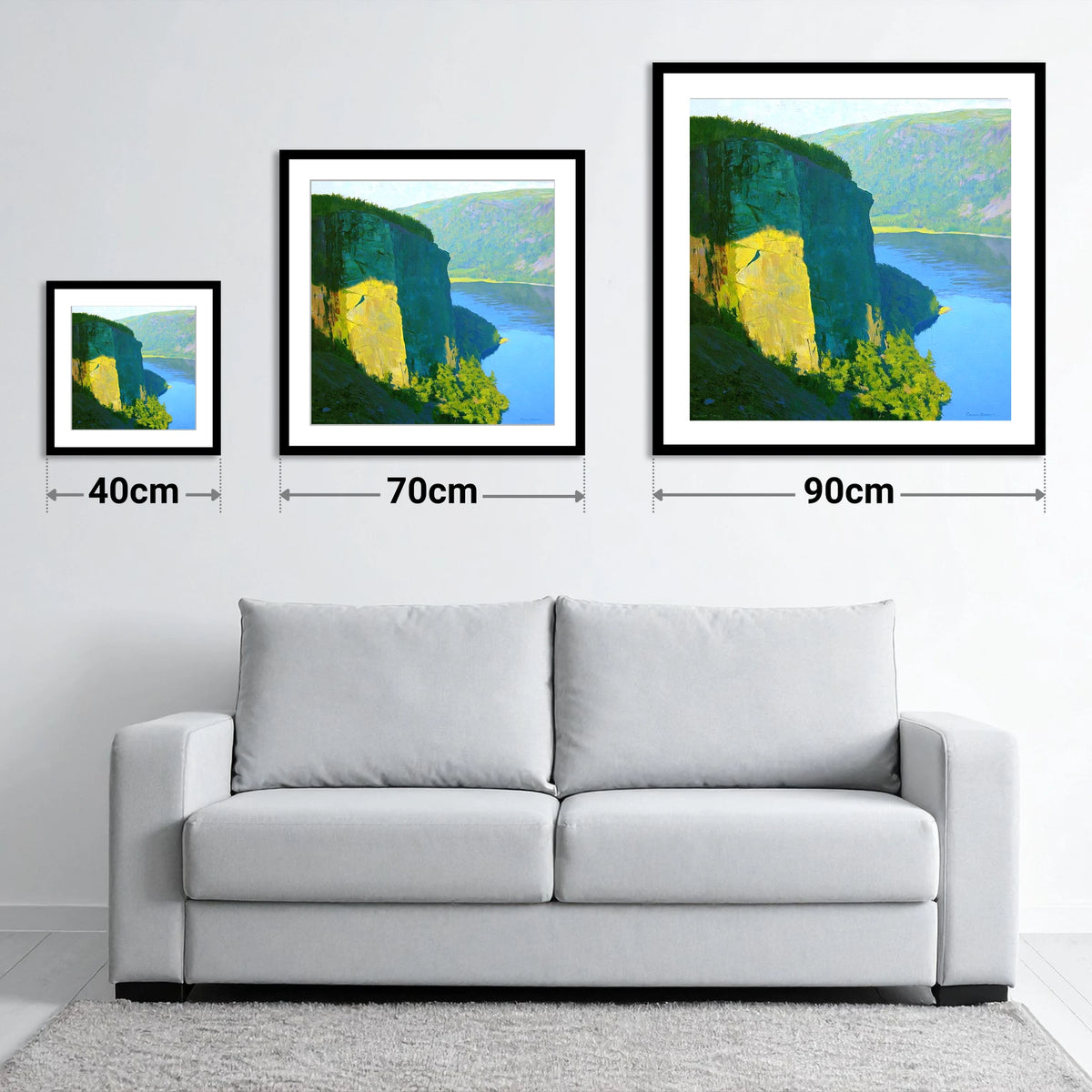 Luminous Sunlight on Raven Crag - size guide showing 40cm, 70cm and 90cm art prints