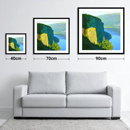 Luminous Sunlight on Raven Crag - size guide showing 40cm, 70cm and 90cm art prints