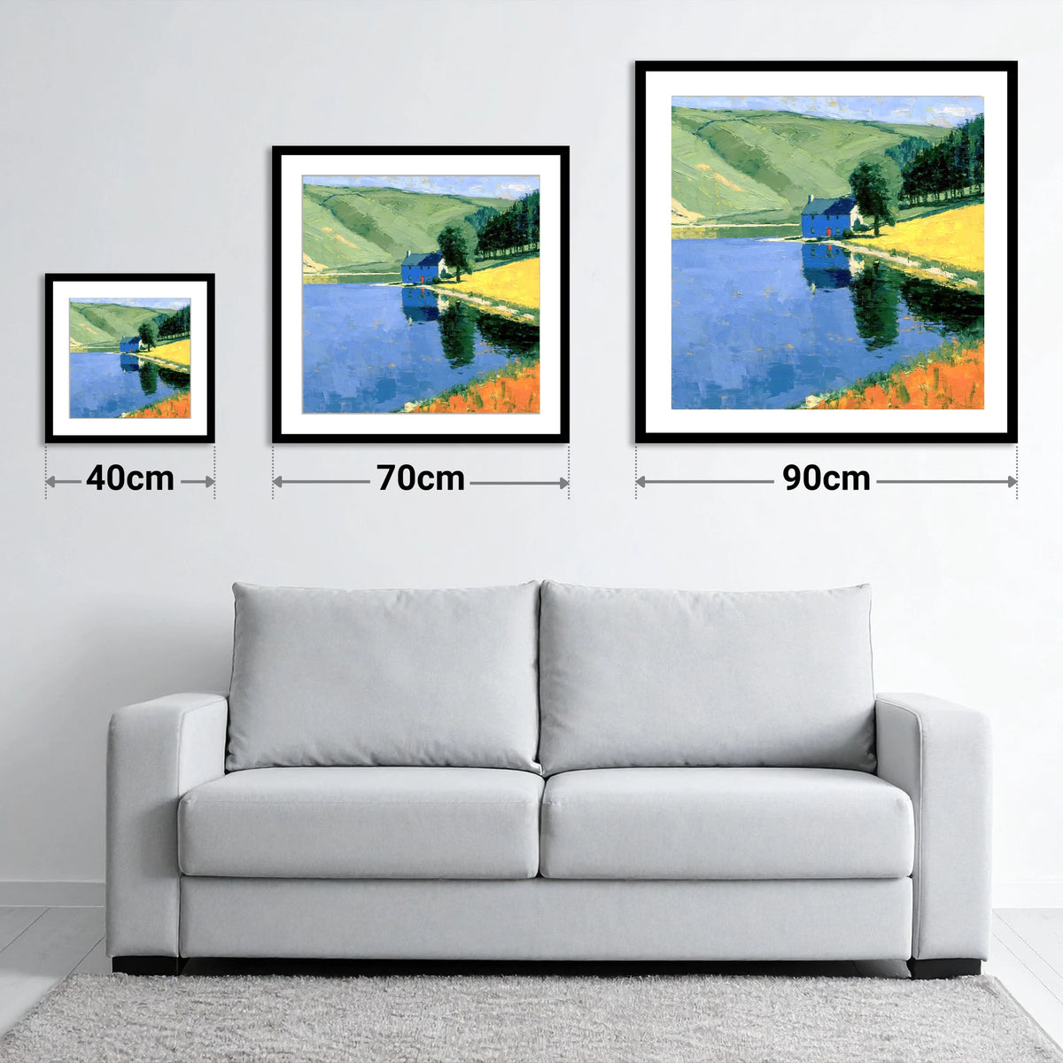 Blue Cottage on Calm Lake - size guide showing 40cm, 70cm and 90cm art prints