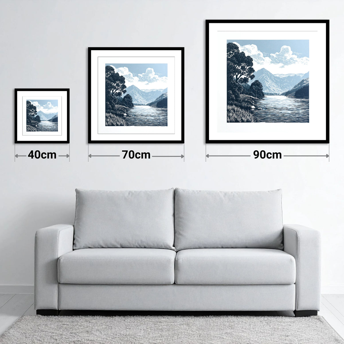 Buttermere in Slate and Navy - size guide showing 40cm, 70cm and 90cm art prints