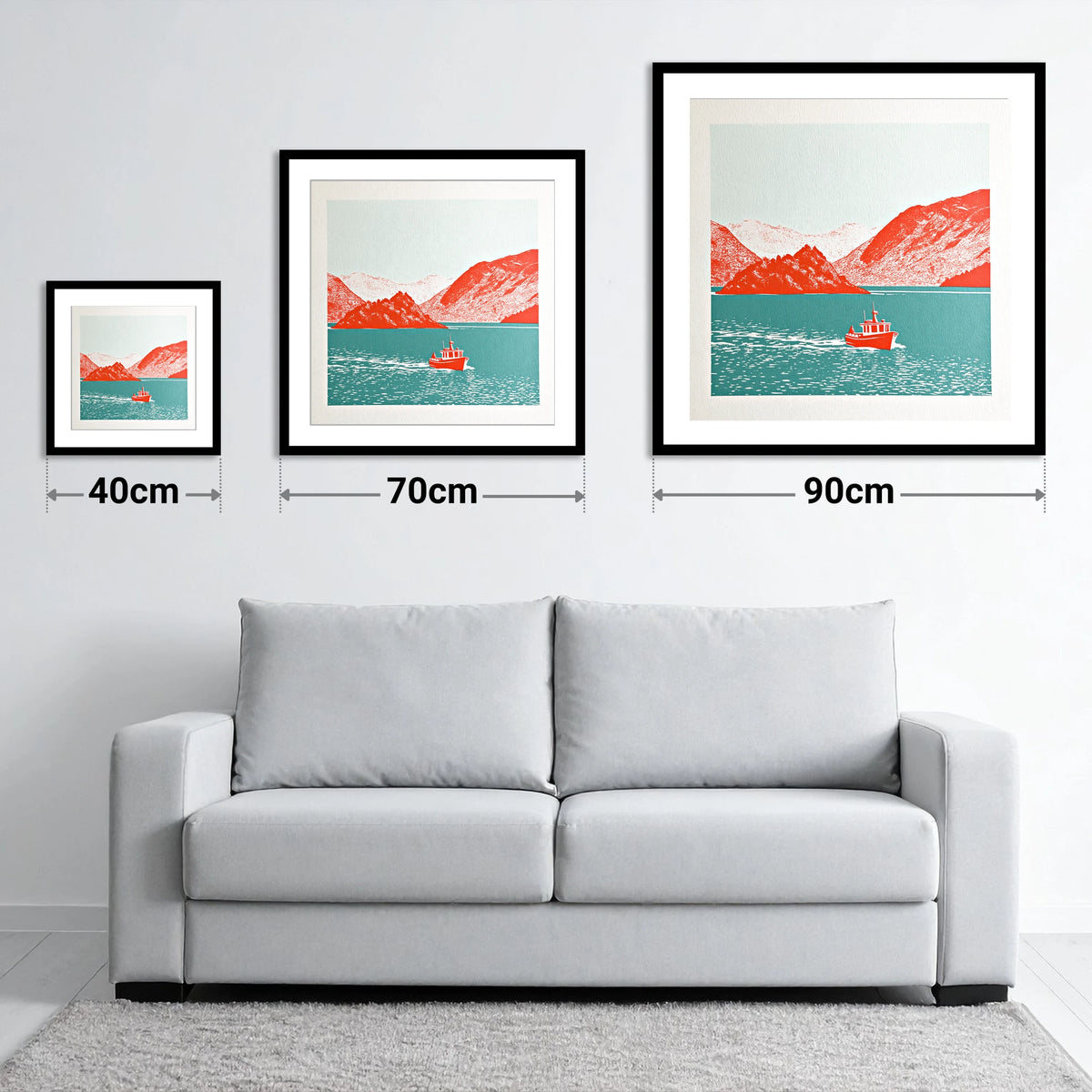 Red Boat on Teal Derwentwater - size guide showing 40cm, 70cm and 90cm art prints