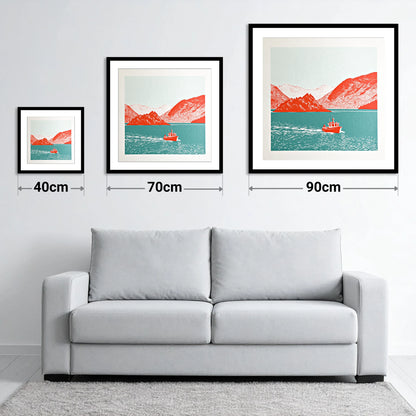 Red Boat on Teal Derwentwater - size guide showing 40cm, 70cm and 90cm art prints