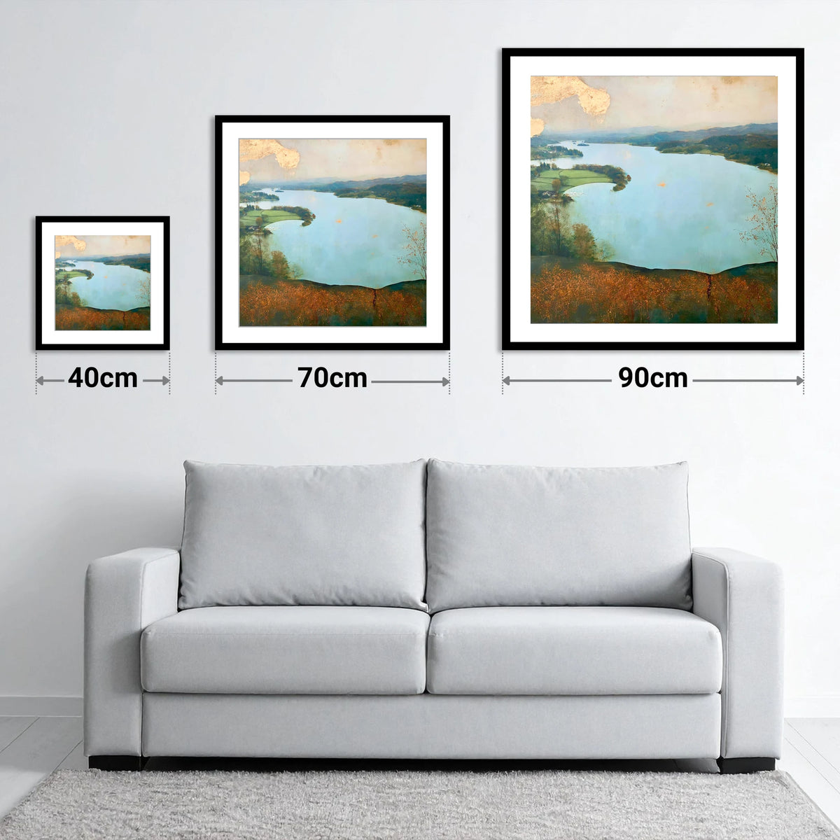 Windermere Over Autumn Bracken - size guide showing 40cm, 70cm and 90cm art prints