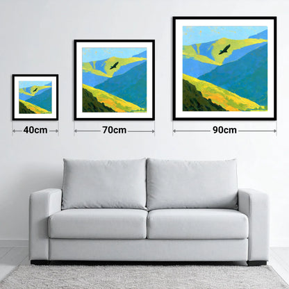 Soaring Bird of Prey Over Sunlit Fells - size guide showing 40cm, 70cm and 90cm art prints