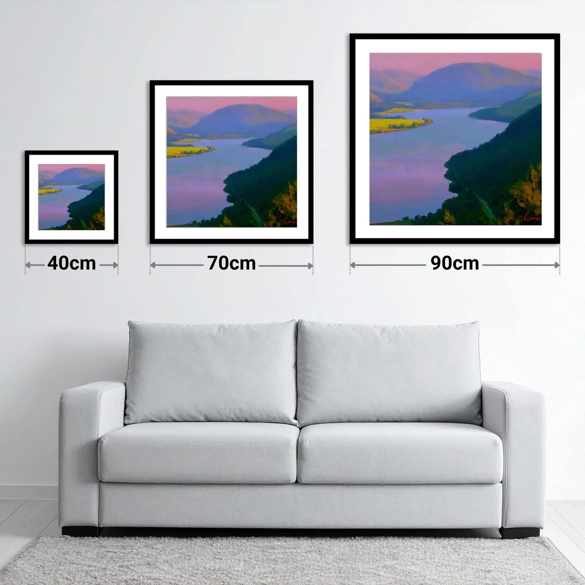 Vibrant Evening Over Bassenthwaite Lake - size guide showing 40cm, 70cm and 90cm art prints