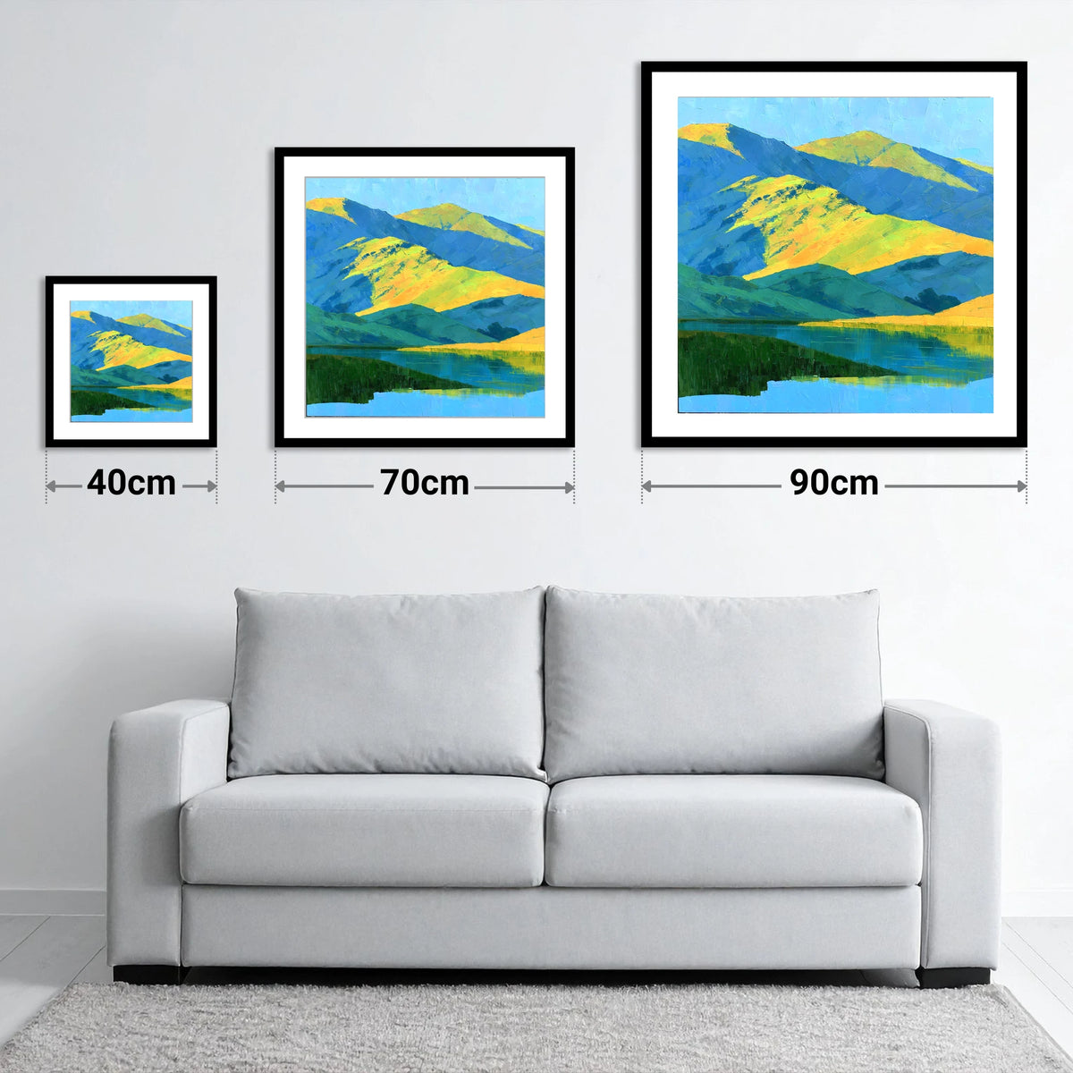 Sunlit Fells and Deep Blue Shadows - size guide showing 40cm, 70cm and 90cm art prints