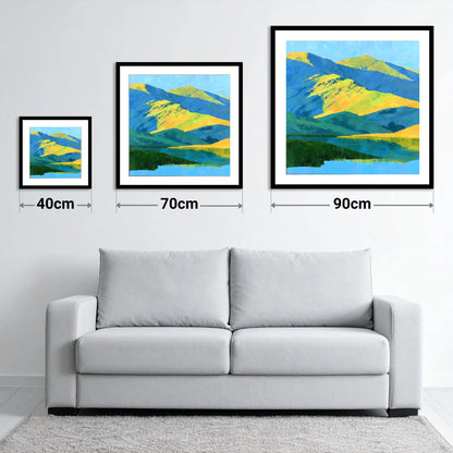 Sunlit Fells and Deep Blue Shadows - size guide showing 40cm, 70cm and 90cm art prints