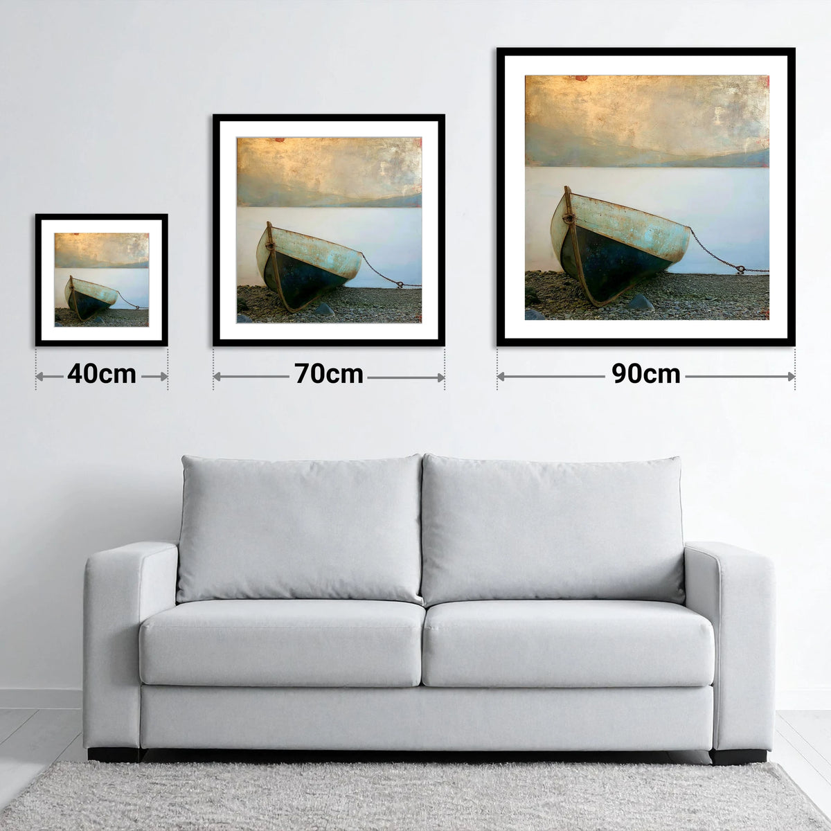 Grounded Teal Boat on Windermere - size guide showing 40cm, 70cm and 90cm art prints