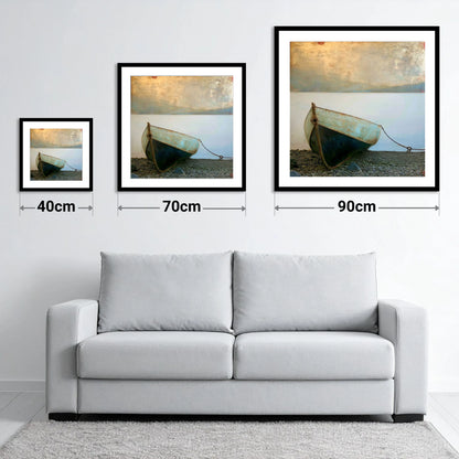 Grounded Teal Boat on Windermere - size guide showing 40cm, 70cm and 90cm art prints