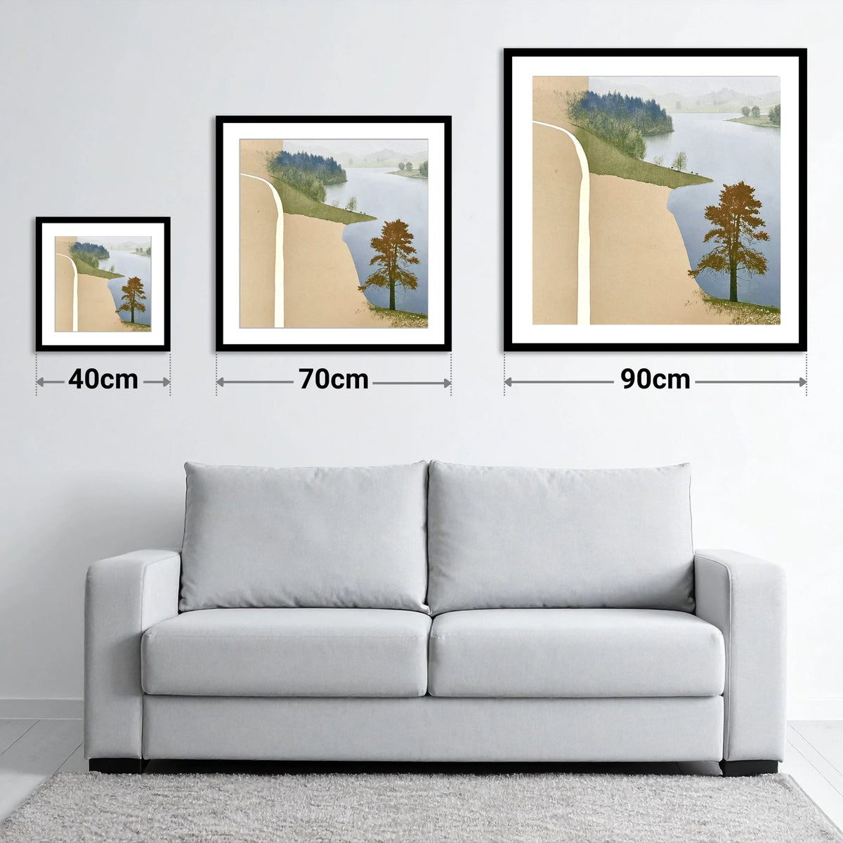 Lone Tree at Tarn Hows - size guide showing 40cm, 70cm and 90cm art prints