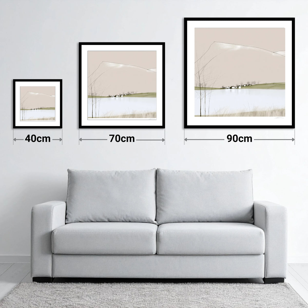 Minimalist Pooley Bridge and Lake - size guide showing 40cm, 70cm and 90cm art prints