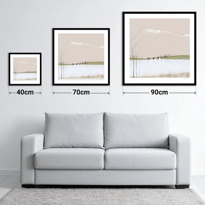 Minimalist Pooley Bridge and Lake - size guide showing 40cm, 70cm and 90cm art prints