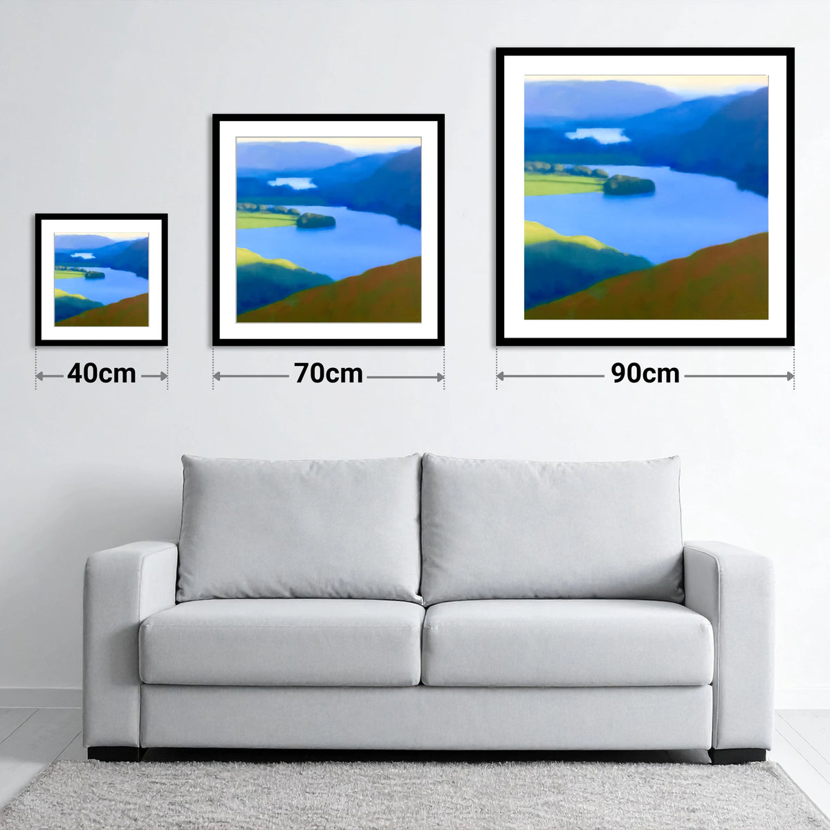 Grasmere Lake in Ultramarine Blue - size guide showing 40cm, 70cm and 90cm art prints