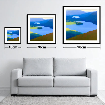 Grasmere Lake in Ultramarine Blue - size guide showing 40cm, 70cm and 90cm art prints