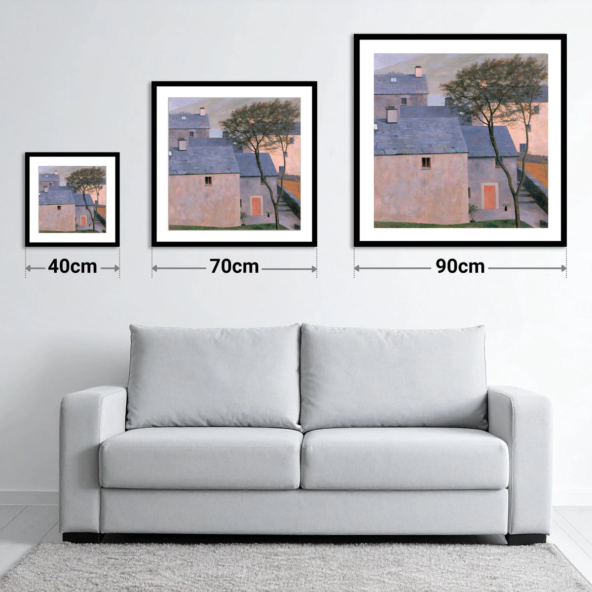 Pastel Light on Slate Cottages - size guide showing 40cm, 70cm and 90cm art prints