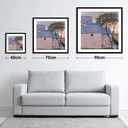 Pastel Light on Slate Cottages - size guide showing 40cm, 70cm and 90cm art prints