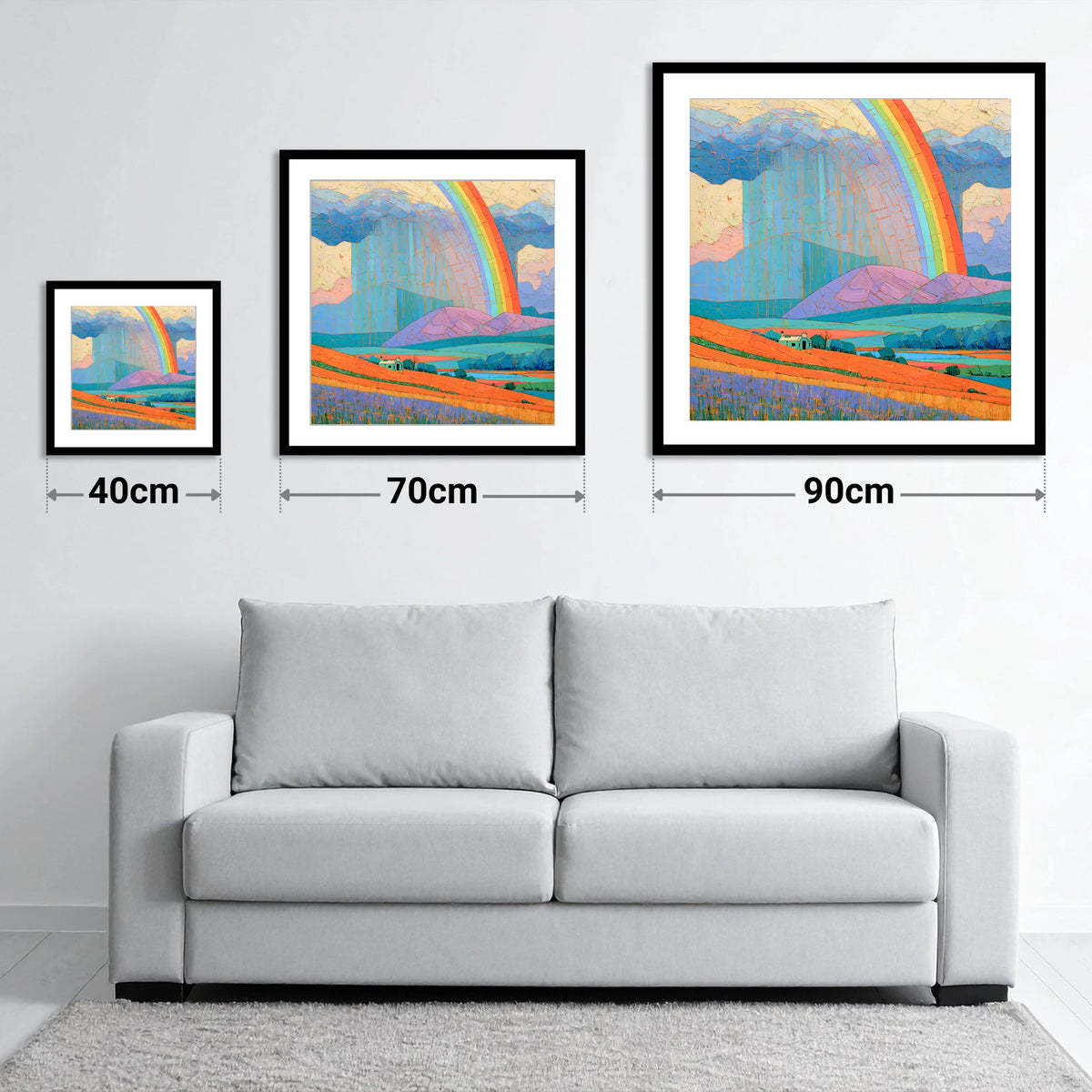 Lakeland Cottage Beneath Vivid Rainbow - size guide showing 40cm, 70cm and 90cm art prints