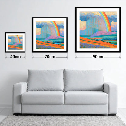 Lakeland Cottage Beneath Vivid Rainbow - size guide showing 40cm, 70cm and 90cm art prints