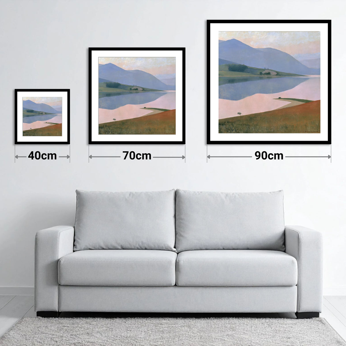 Pastel Fells and Still Lake - size guide showing 40cm, 70cm and 90cm art prints