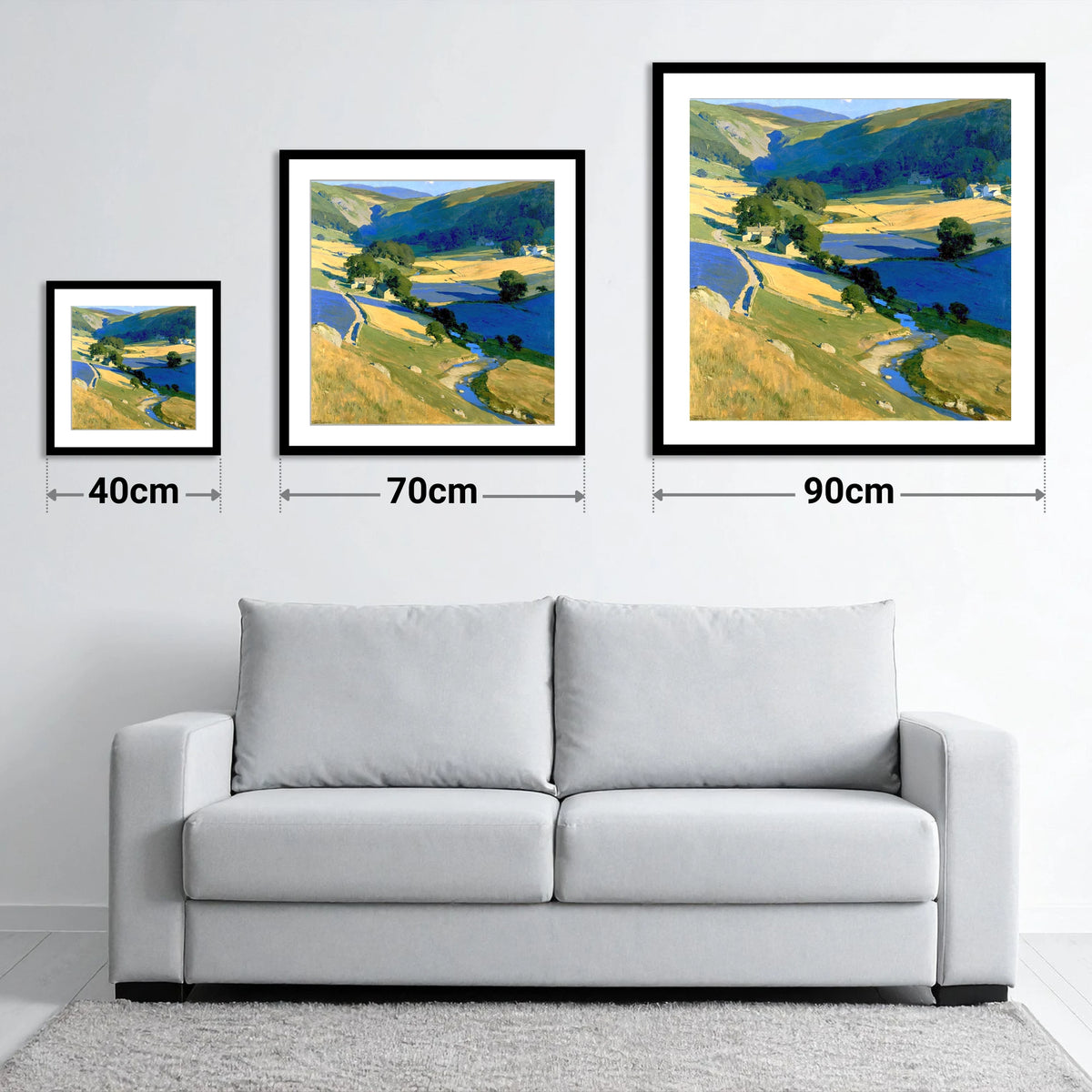 Golden Fields in the Dale - size guide showing 40cm, 70cm and 90cm art prints