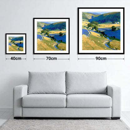 Golden Fields in the Dale - size guide showing 40cm, 70cm and 90cm art prints