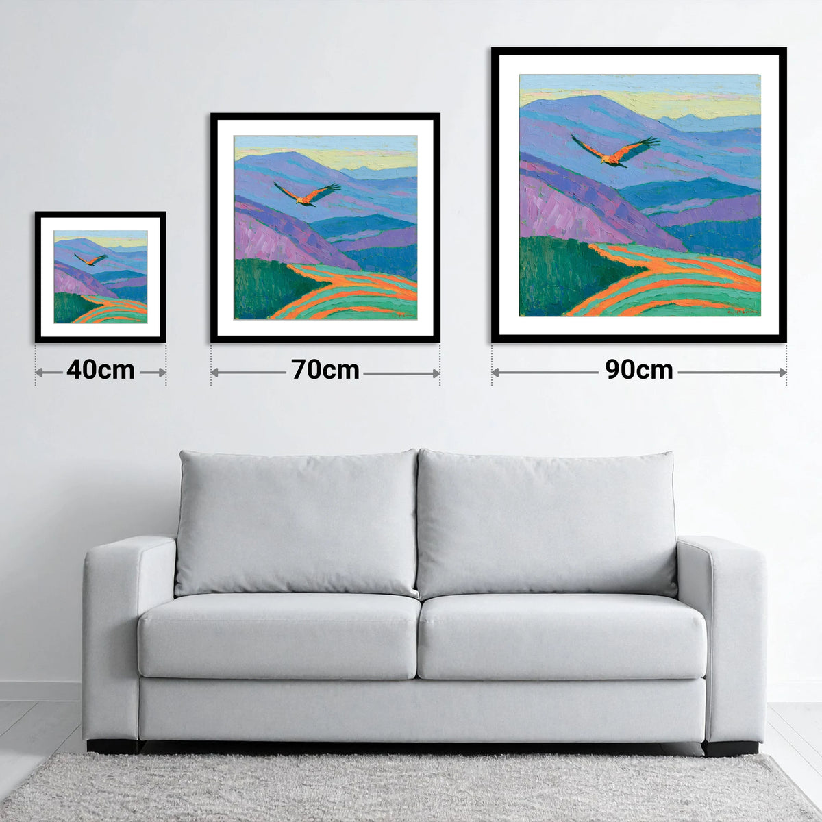 Soaring Buzzard Over Vibrant Fells - size guide showing 40cm, 70cm and 90cm art prints