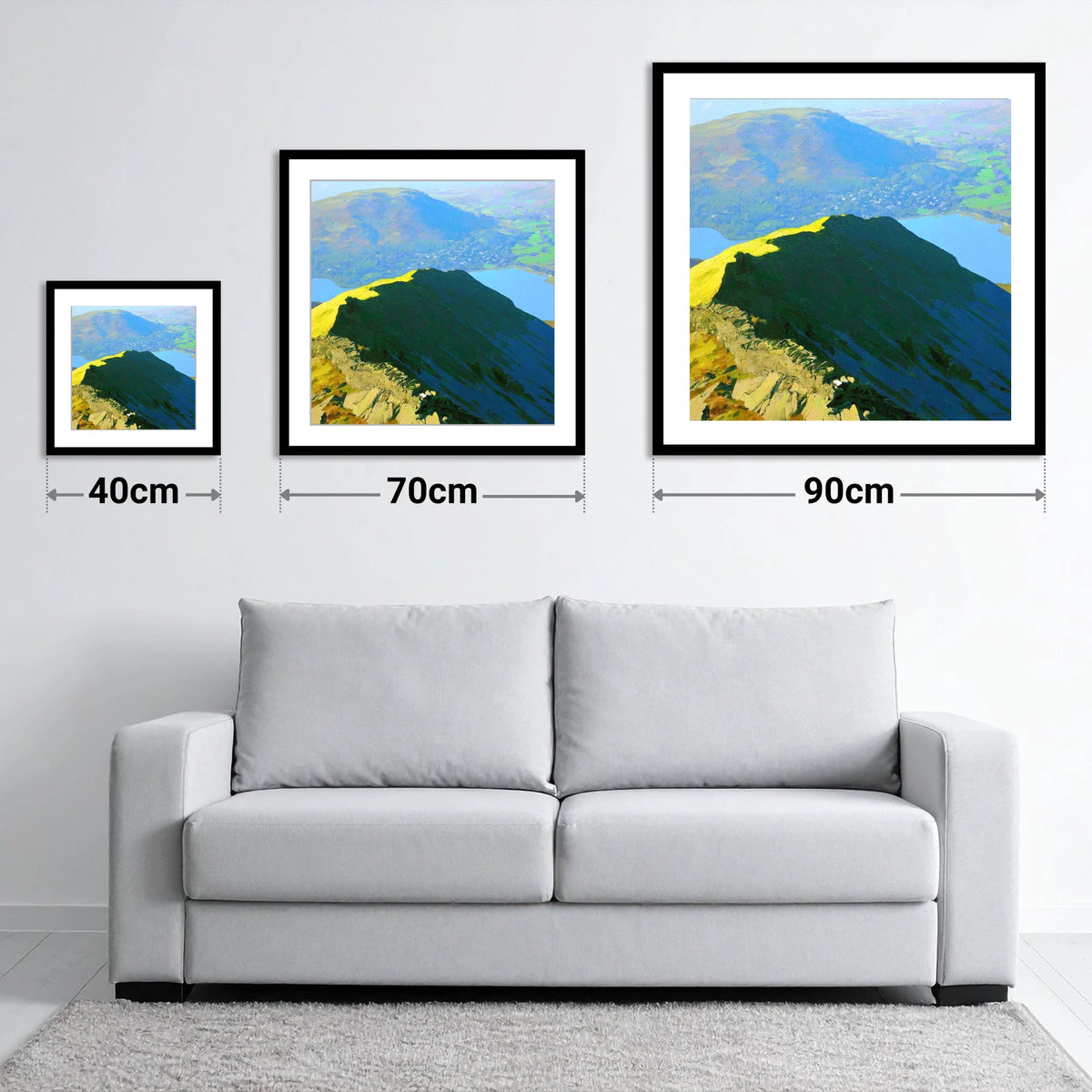 Vibrant Light on Low Pike - size guide showing 40cm, 70cm and 90cm art prints