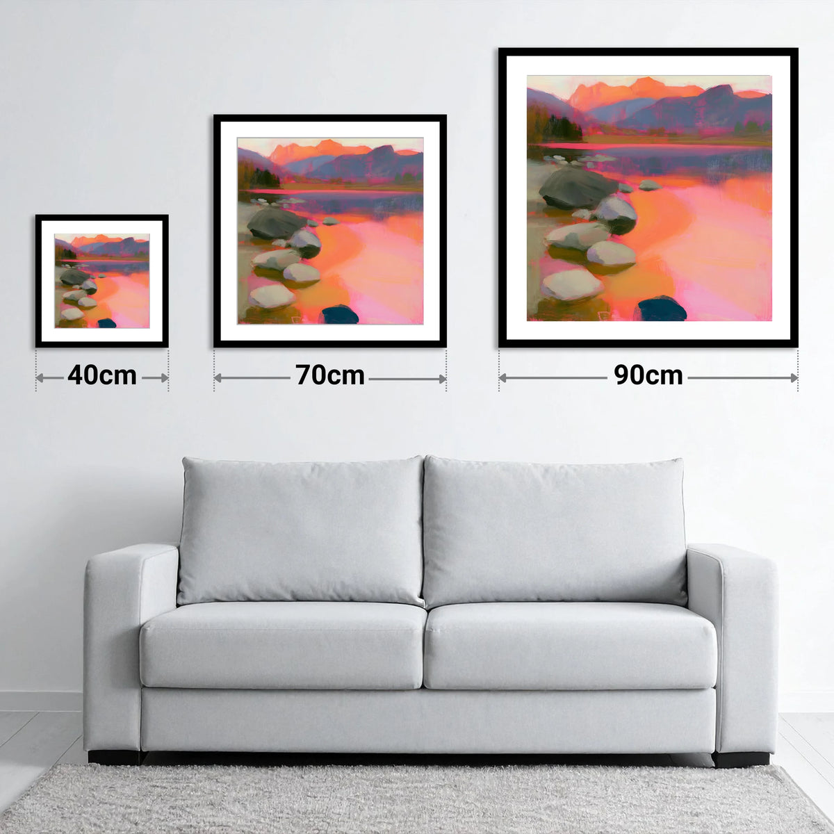 Elterwater Rocks in Fiery Light - size guide showing 40cm, 70cm and 90cm art prints