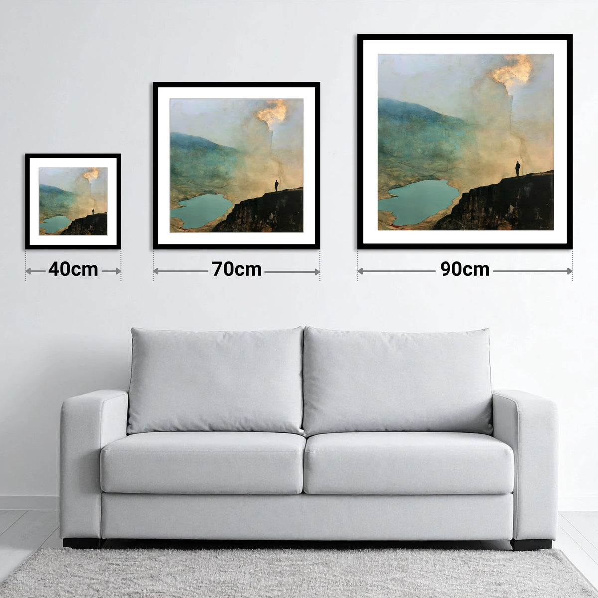 Helvellyn Walker Beneath Golden Clouds - size guide showing 40cm, 70cm and 90cm art prints