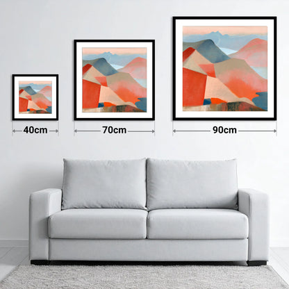 Terracotta Fells from the Summit - size guide showing 40cm, 70cm and 90cm art prints