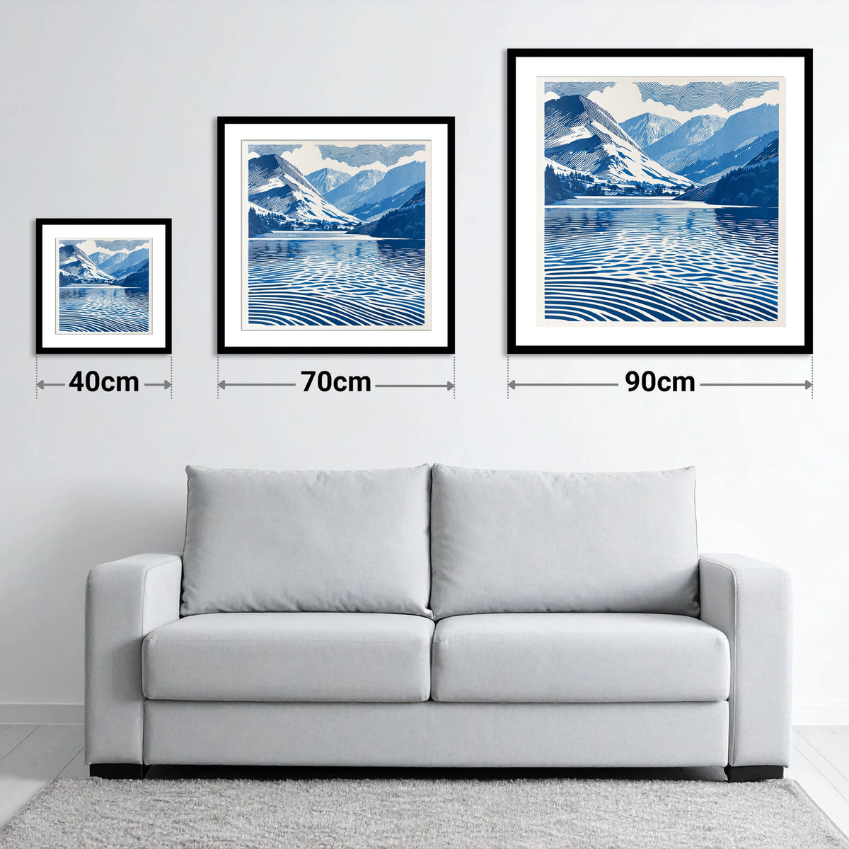 Cobalt Blue Lake And Fells - size guide showing 40cm, 70cm and 90cm art prints
