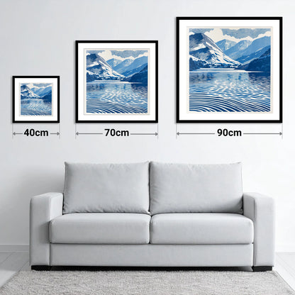 Cobalt Blue Lake And Fells - size guide showing 40cm, 70cm and 90cm art prints