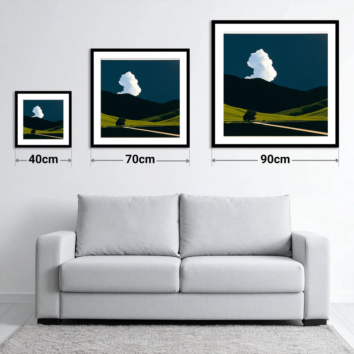 Luminous Cloud Over Rolling Fells - size guide showing 40cm, 70cm and 90cm art prints