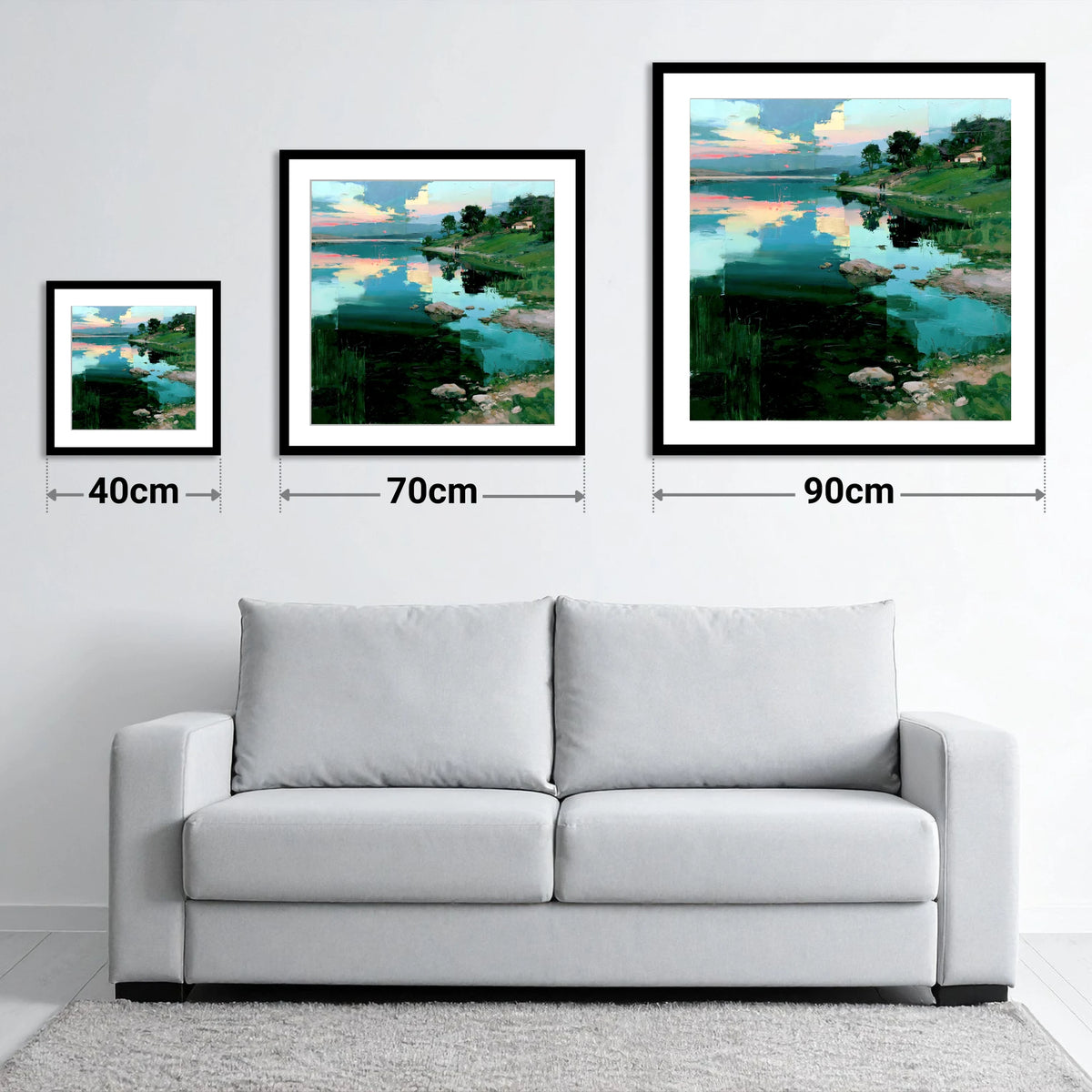 Pink Dawn Over Turquoise Lake - size guide showing 40cm, 70cm and 90cm art prints