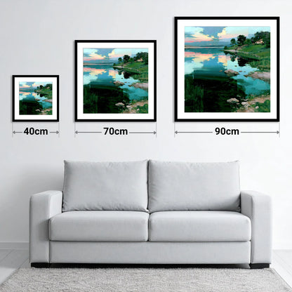 Pink Dawn Over Turquoise Lake - size guide showing 40cm, 70cm and 90cm art prints